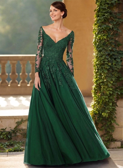 A-Line V-Neck Elegant Long Sleeves Tulle/Lace Mother Of The Bride Dresses