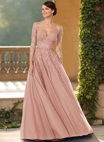 A-Line V-Neck Elegant Long Sleeves Tulle/Lace Mother Of The Bride Dresses