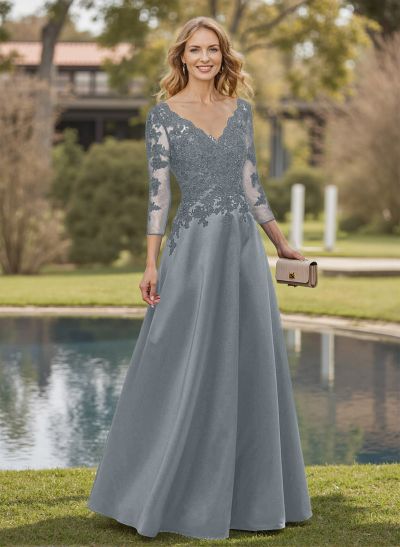 A-Line V-Neck 3/4 Sleeves Satin Mother Of The Bride Dresses With Appliques Lace