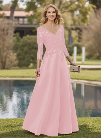 A-Line V-Neck 3/4 Sleeves Satin Mother Of The Bride Dresses With Appliques Lace