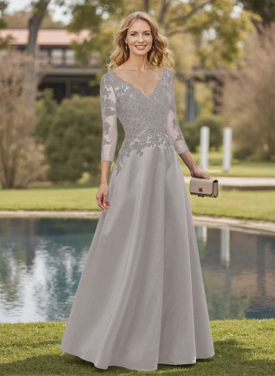 A-Line V-Neck 3/4 Sleeves Satin Mother Of The Bride Dresses With Appliques Lace