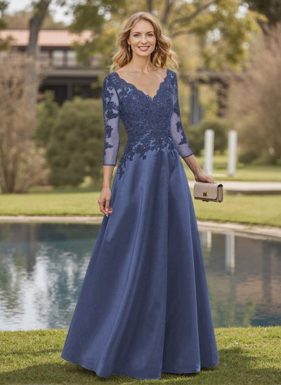 A-Line V-Neck 3/4 Sleeves Satin Mother Of The Bride Dresses With Appliques Lace