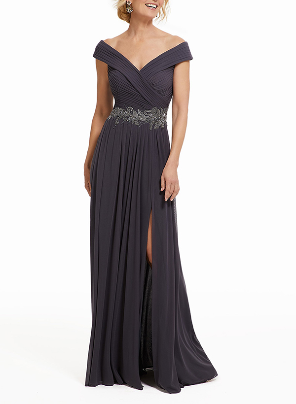 A-Line Off-The-Shoulde Chiffon Mother Of The Bride Dresses With Split Front