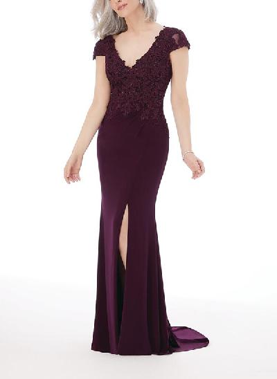 Trumpet/Mermaid V-neck Elastic Satin Mother of the Bride Dresses With Split Front/Appliques Lace