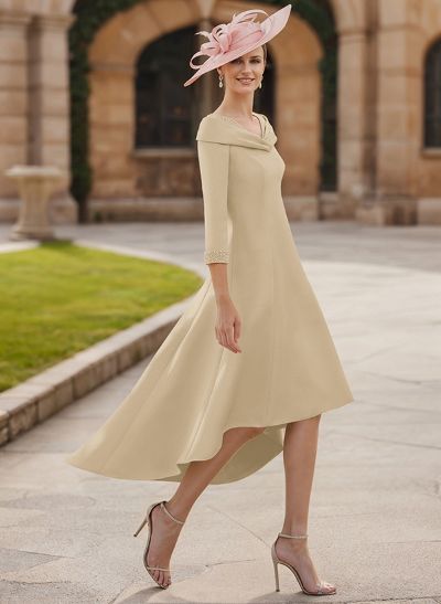 Asymmetrical Satin Beading Sleeves Mother Of The Bride Dresses