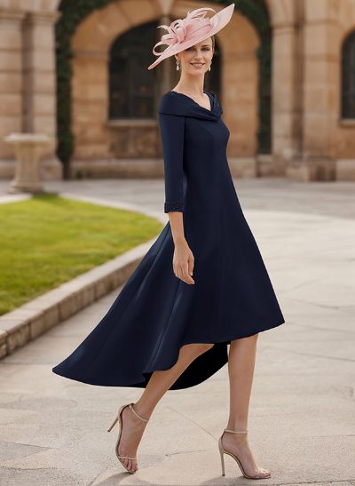 Asymmetrical Satin Beading Sleeves Mother Of The Bride Dresses