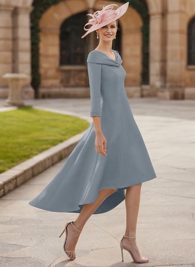 Asymmetrical Satin Beading Sleeves Mother Of The Bride Dresses
