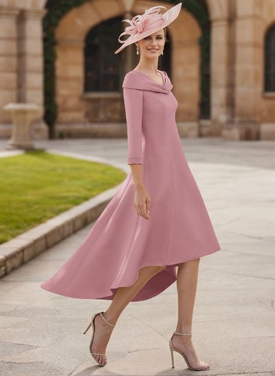 Asymmetrical Satin Beading Sleeves Mother Of The Bride Dresses