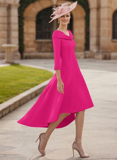 Asymmetrical Satin Beading Sleeves Mother Of The Bride Dresses