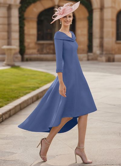 Asymmetrical Satin Beading Sleeves Mother Of The Bride Dresses