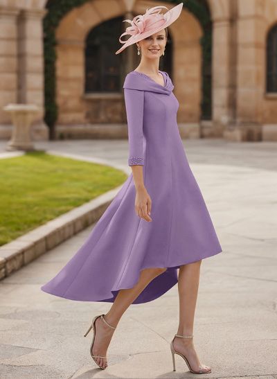 Asymmetrical Satin Beading Sleeves Mother Of The Bride Dresses