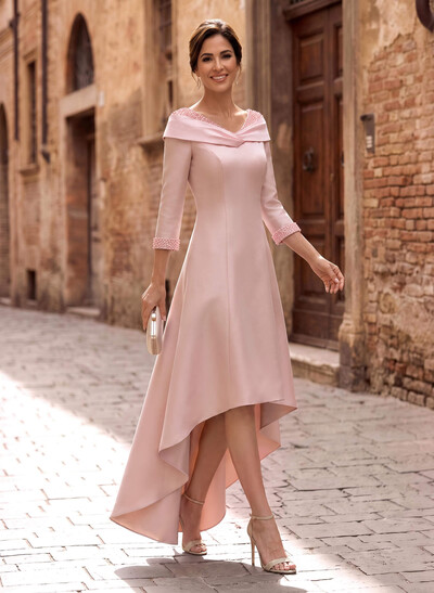Asymmetrical Satin Beading Sleeves Mother Of The Bride Dresses