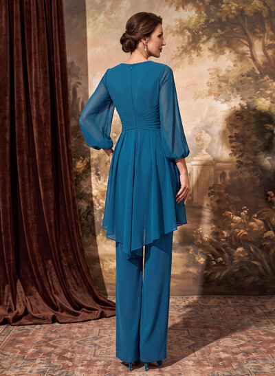 Elegant Pantsuit Semi Sheer LIlusion Skirt Puff Slevees Mother Of The Bride Dresses