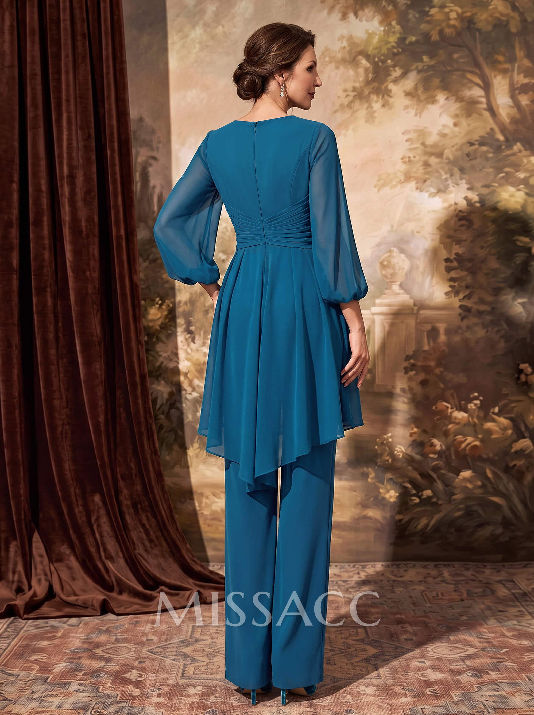 Elegant Pantsuit Semi Sheer LIlusion Skirt Puff Slevees Mother Of The Bride Dresses