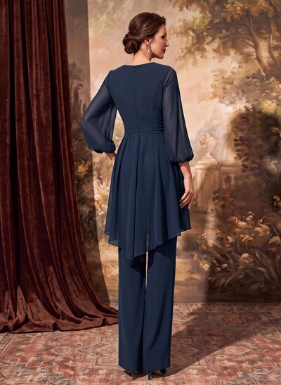 Elegant Pantsuit Semi-Sheer Illusion Skirt Puff Sleeves Mother Of The Bride Dress
