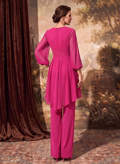 Elegant Pantsuit Semi-Sheer Illusion Skirt Puff Sleeves Mother Of The Bride Dress