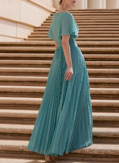 Long Chiffon Pleated Short Sleeves Mother of the Bride Dresses