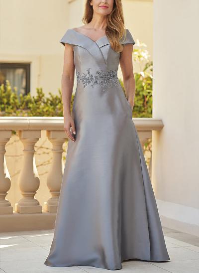 A-Line V-Neck Sleeveless Floor-Length Satin Mother Of The Bride Dresses With Appliques Lace