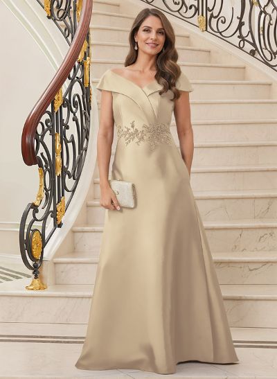 A-Line V-Neck Sleeveless Floor-Length Satin Mother Of The Bride Dresses With Appliques Lace