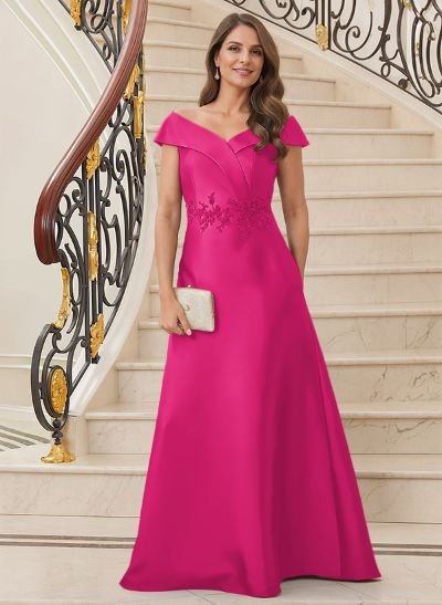 A-Line V-Neck Sleeveless Floor-Length Satin Mother Of The Bride Dresses With Appliques Lace