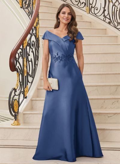 A-Line V-Neck Sleeveless Floor-Length Satin Mother Of The Bride Dresses With Appliques Lace