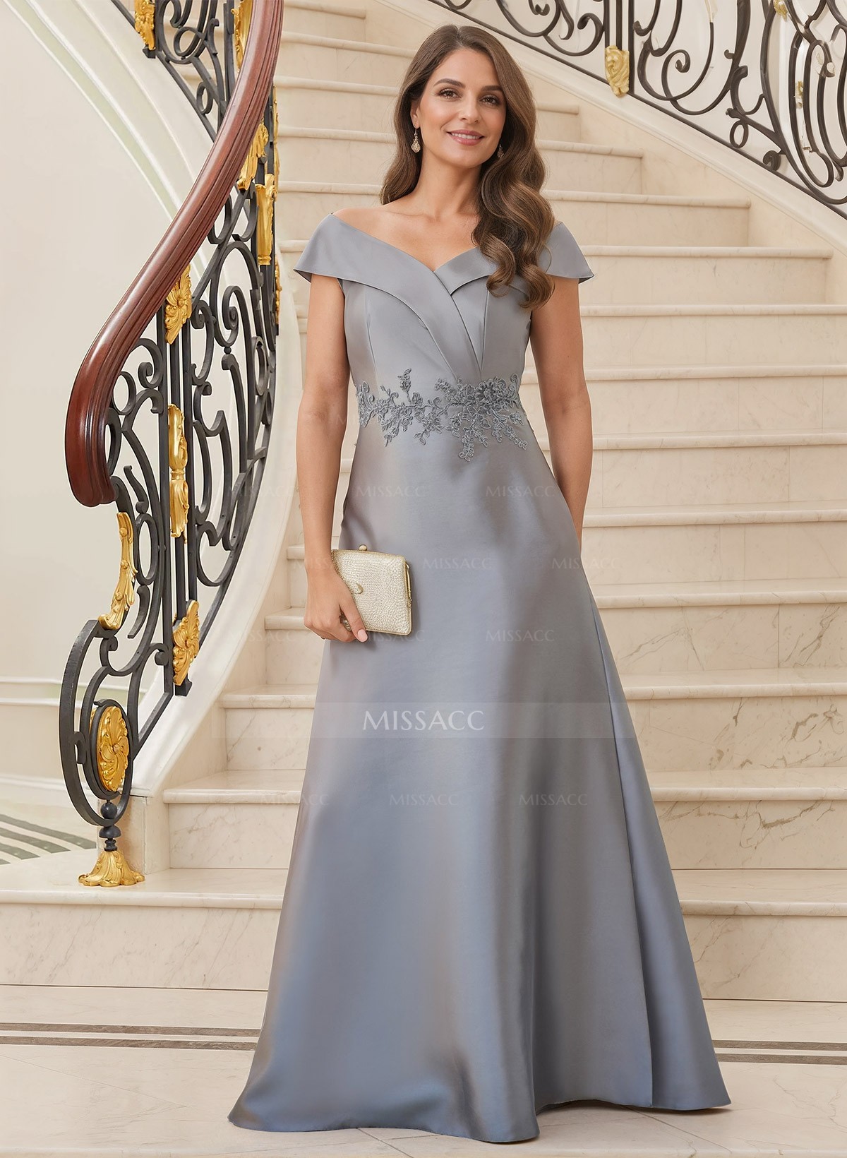 A-Line V-Neck Sleeveless Floor-Length Satin Mother Of The Bride Dresses With Appliques Lace