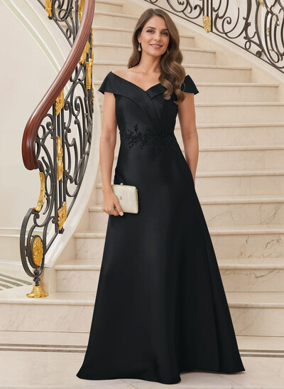 A-Line V-Neck Sleeveless Floor-Length Satin Mother Of The Bride Dresses With Appliques Lace