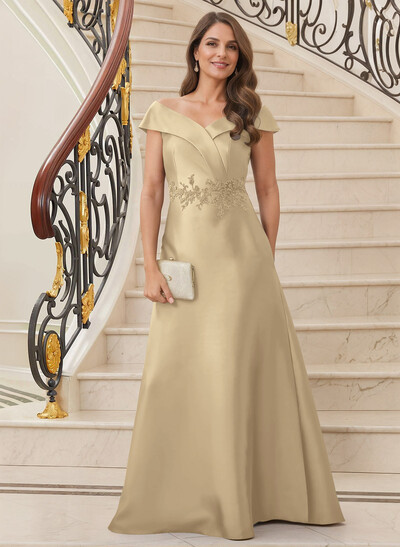 A-Line V-Neck Sleeveless Floor-Length Satin Mother Of The Bride Dresses With Appliques Lace