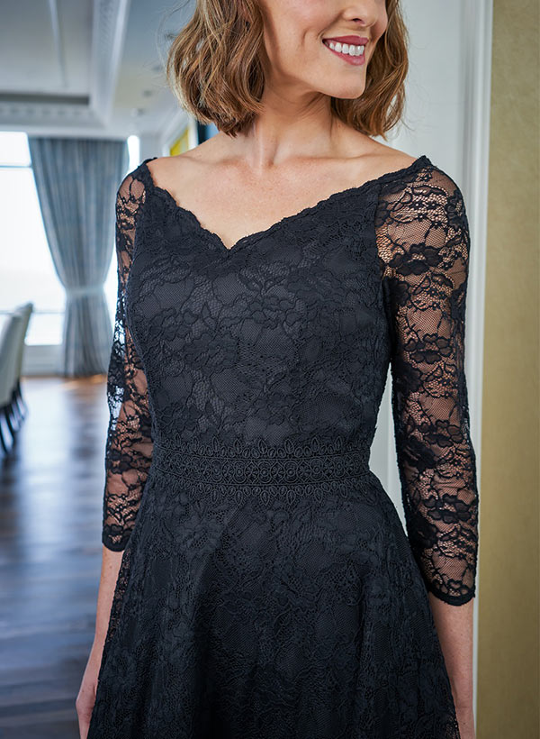 A-Line V-neck 3/4 Sleeves Ankle-Length Lace Mother of the Bride Dresses