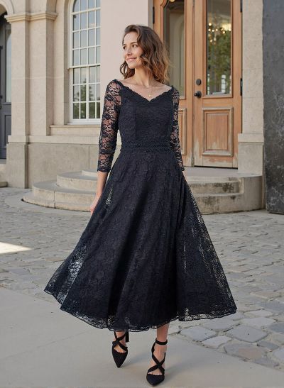 A-Line V-Neck 3/4 Sleeves Ankle-Length Lace Mother Of The Bride Dresses