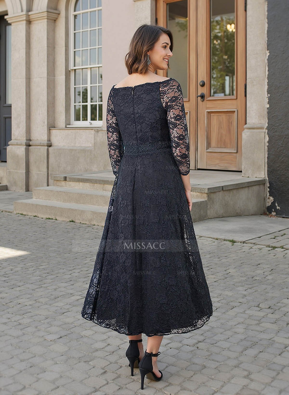 A-Line V-Neck 3/4 Sleeves Ankle-Length Lace Mother Of The Bride Dresses