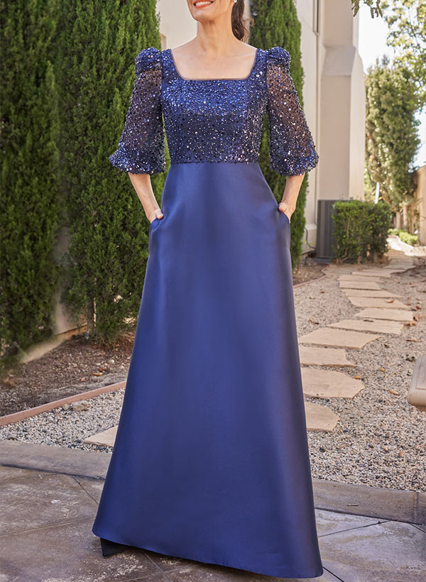A-Line Square Neckline 1/2  Sleeves Floor-Length Satin/Sequined Mother of the Bride Dresses