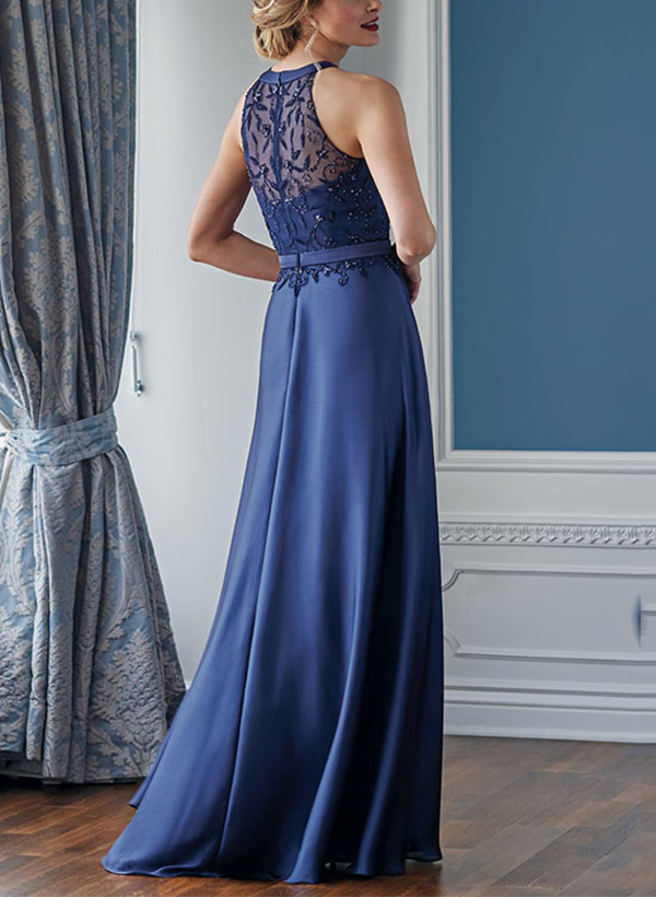 A-Line Illusion Neck Sleeveless Floor-Length Charmeuse Mother Of The Bride Dresses With Appliques Lace