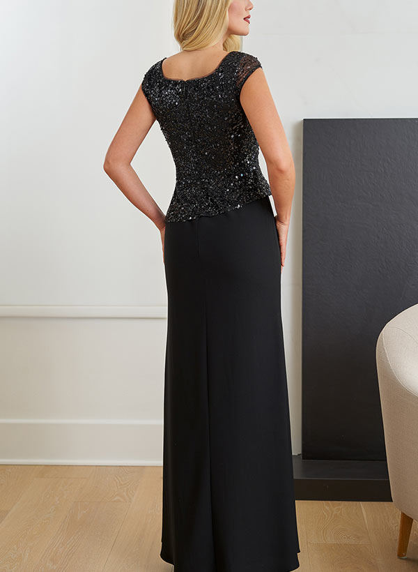 Sheath Square Neckline Short Sleeves Floor-Length Sequined Mother of the Bride Dresses With Split Front