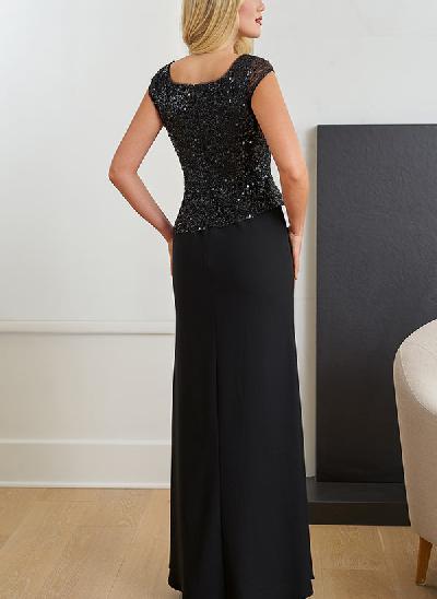 Sheath Square Neckline Short Sleeves Floor-Length Sequined Mother of the Bride Dresses With Split Front
