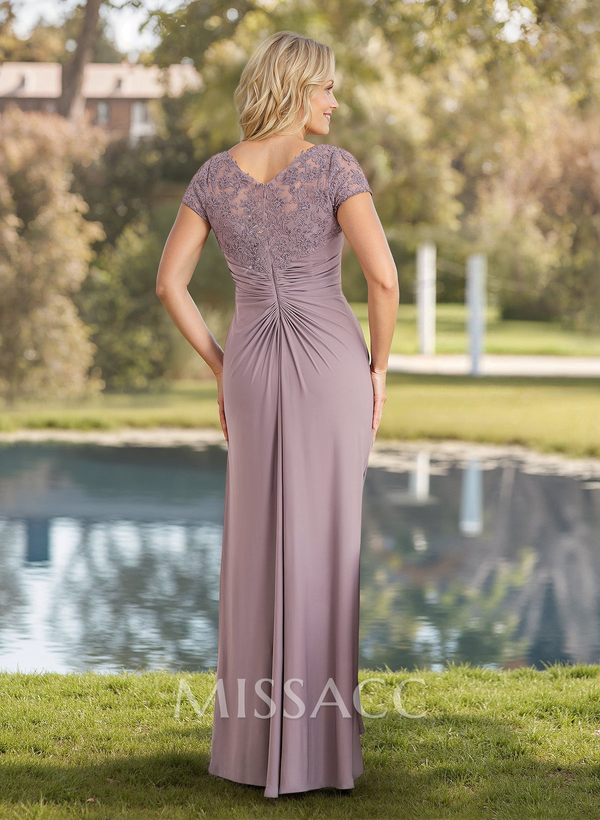 Sheath V-Neck Short Sleeves Floor-Length Mother Of The Bride Dresses With Appliques Lace