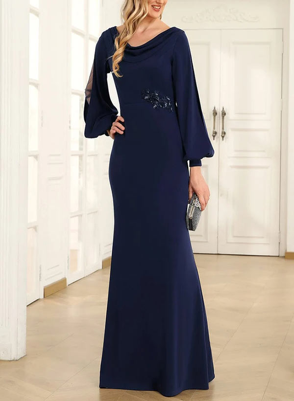 Sheath Cowl Neck Long Sleeves Floor-Length Chiffon Mother of the Bride Dresses
