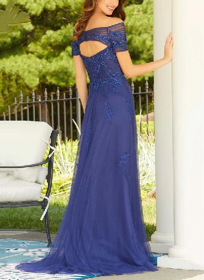 A-Line One-Shoulder Short Sleeves Floor-Length Tulle Mother Of The Bride Dresses With Appliques Lace