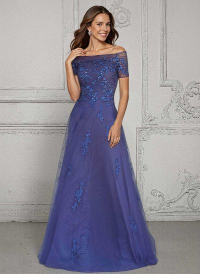 A-Line One-Shoulder Short Sleeves Floor-Length Tulle Mother Of The Bride Dresses With Appliques Lace