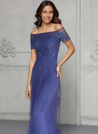 A-Line One-Shoulder Short Sleeves Floor-Length Tulle Mother Of The Bride Dresses With Appliques Lace