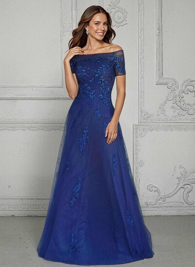 A-Line Off-The-Shoulder Short Sleeves Floor-Length Tulle Mother Of The Bride Dresses With Appliques Lace