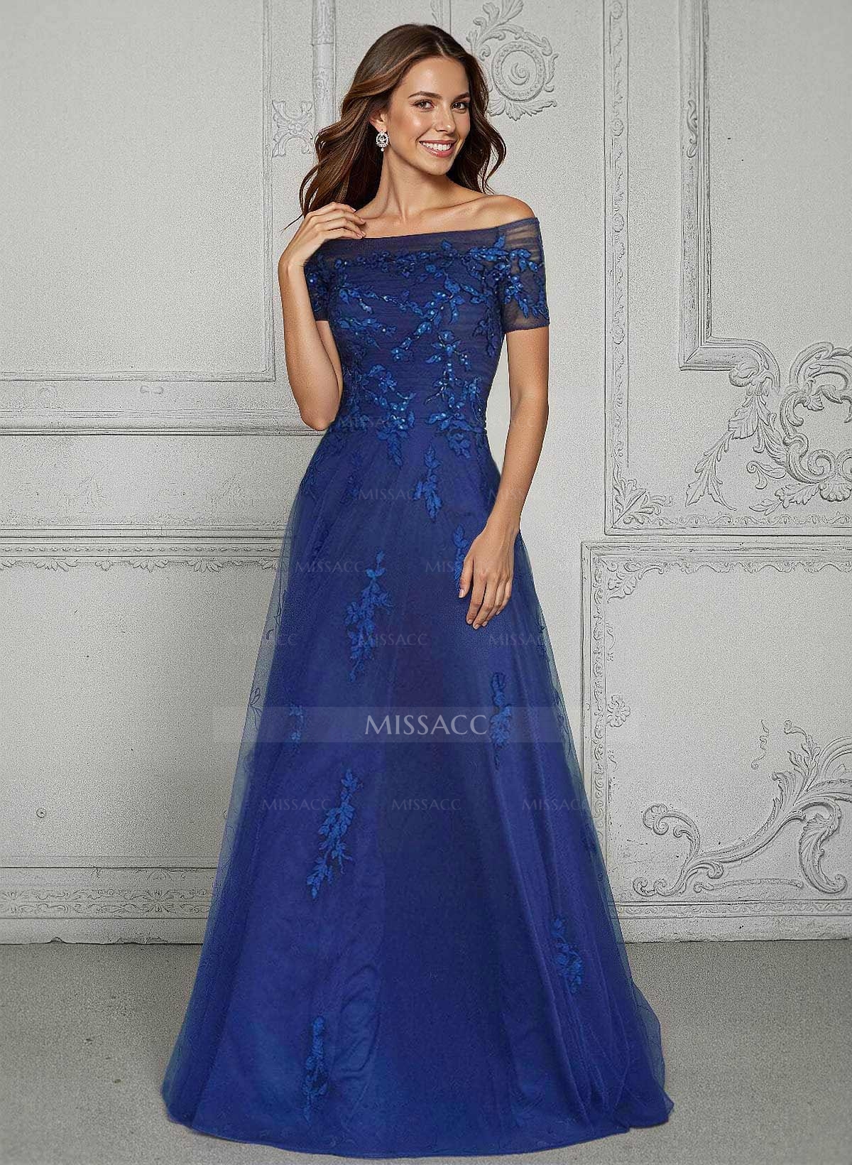 A-Line Off-The-Shoulder Short Sleeves Floor-Length Tulle Mother Of The Bride Dresses With Appliques Lace