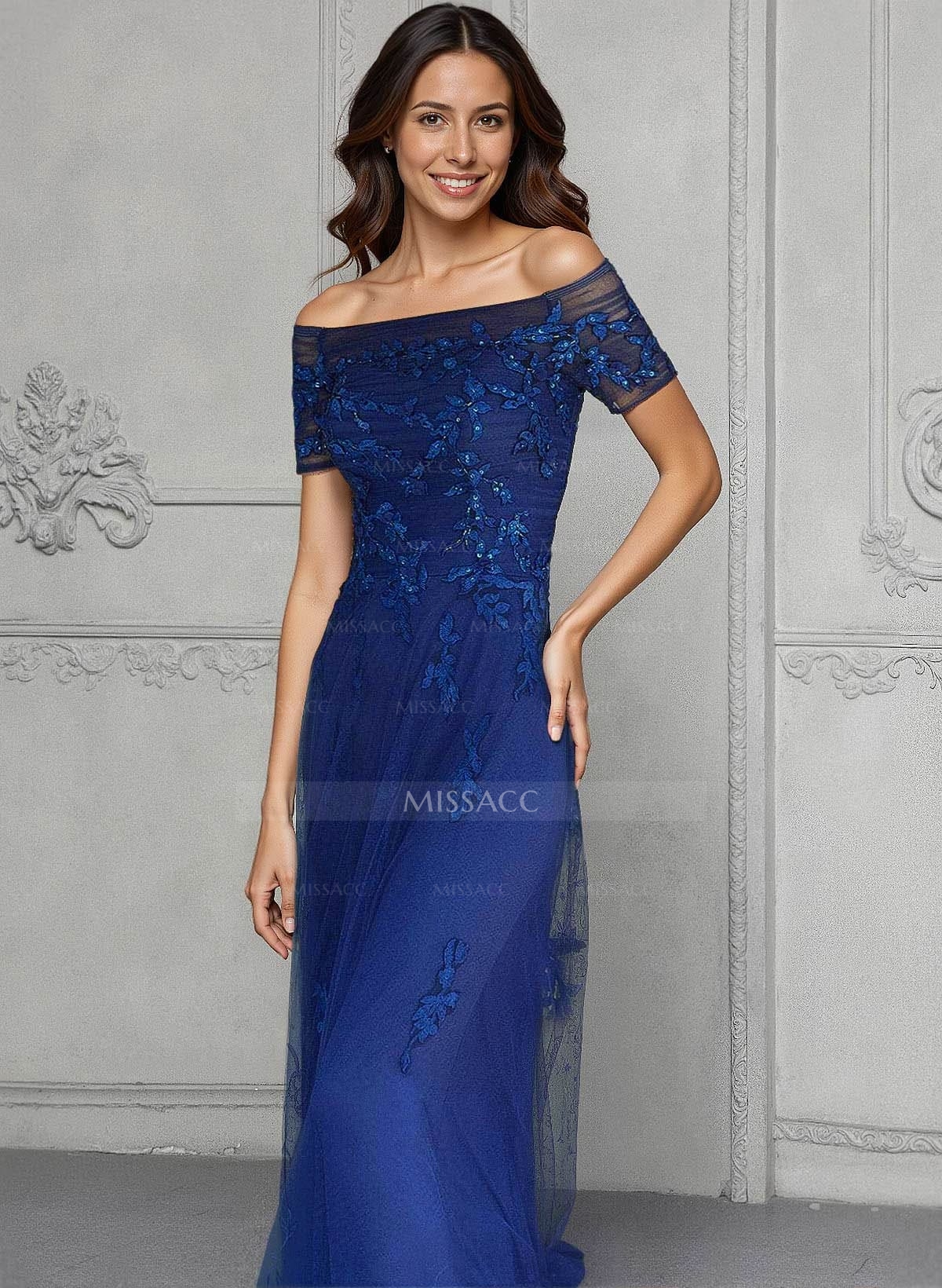 A-Line Off-The-Shoulder Short Sleeves Floor-Length Tulle Mother Of The Bride Dresses With Appliques Lace