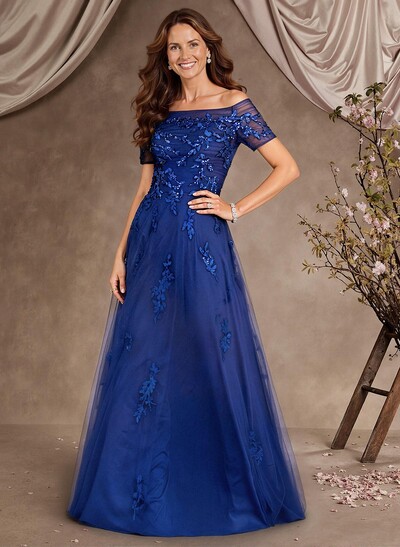 A-Line Off-The-Shoulder Short Sleeves Floor-Length Tulle Mother Of The Bride Dresses With Appliques Lace