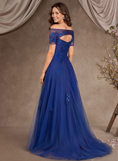 A-Line Off-The-Shoulder Short Sleeves Floor-Length Tulle Mother Of The Bride Dresses With Appliques Lace