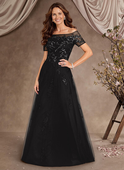 A-Line Off-The-Shoulder Short Sleeves Floor-Length Tulle Mother Of The Bride Dresses With Appliques Lace