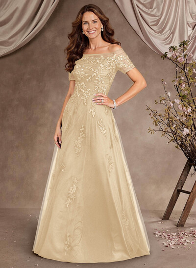 A-Line Off-The-Shoulder Short Sleeves Floor-Length Tulle Mother Of The Bride Dresses With Appliques Lace