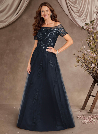 A-Line Off-The-Shoulder Short Sleeves Floor-Length Tulle Mother Of The Bride Dresses With Appliques Lace