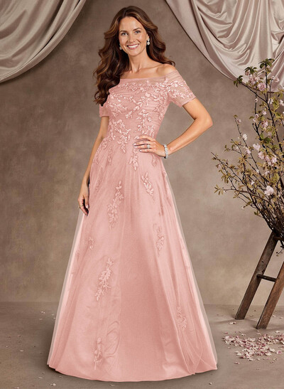 A-Line Off-The-Shoulder Short Sleeves Floor-Length Tulle Mother Of The Bride Dresses With Appliques Lace