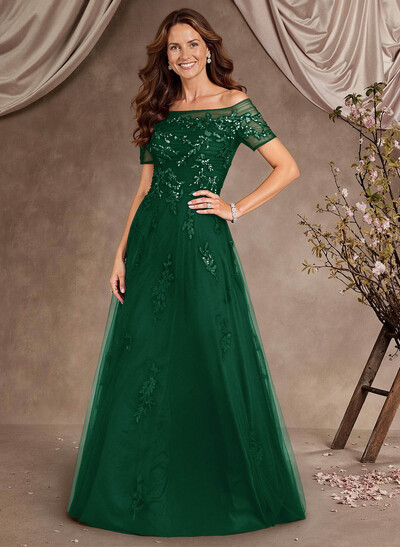 A-Line Off-The-Shoulder Short Sleeves Floor-Length Tulle Mother Of The Bride Dresses With Appliques Lace